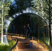 Escultura de fonte de neblina circular metálica